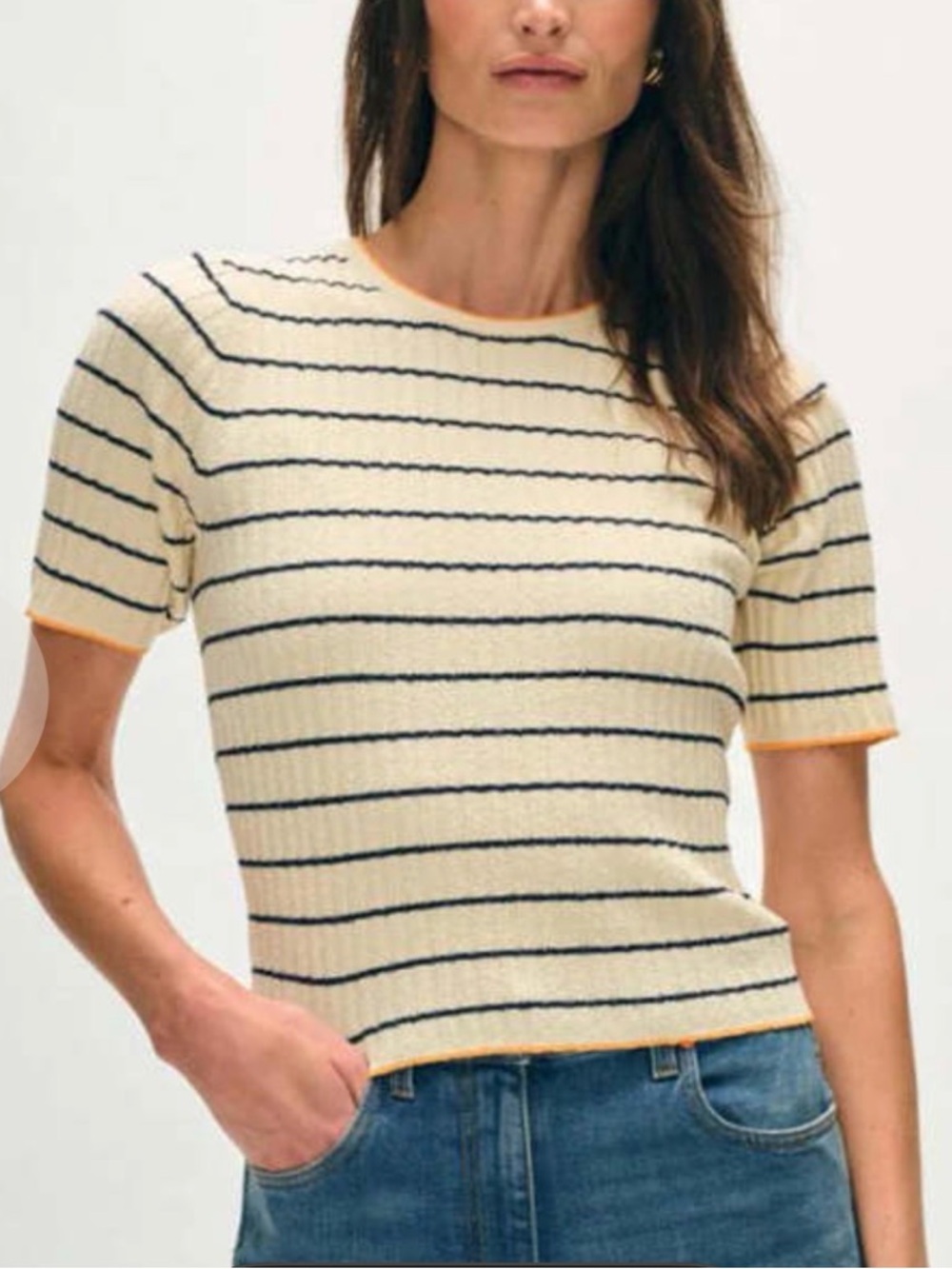 White + Warren Cream and Navy Striped Knit Top w light Orange Trim